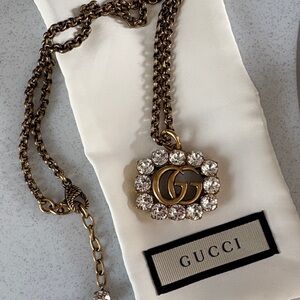 Authentic Gucci Gold Tone Necklace with Crystal Embellishments